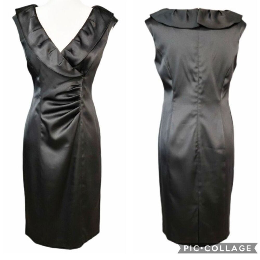 Jones New York Black Satin Wrap Ruffle V Neck Dress Women’s Size 6 Knee Length